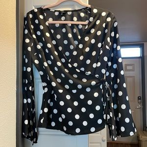 Lucca Black Polka Dot Flare Sleeve Wrap Top